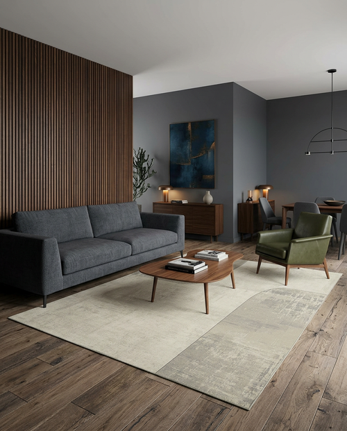 Load image 1 in gallery view. Cream and grey abstract area rug with a subtle geometric border, styled in a modern living room.