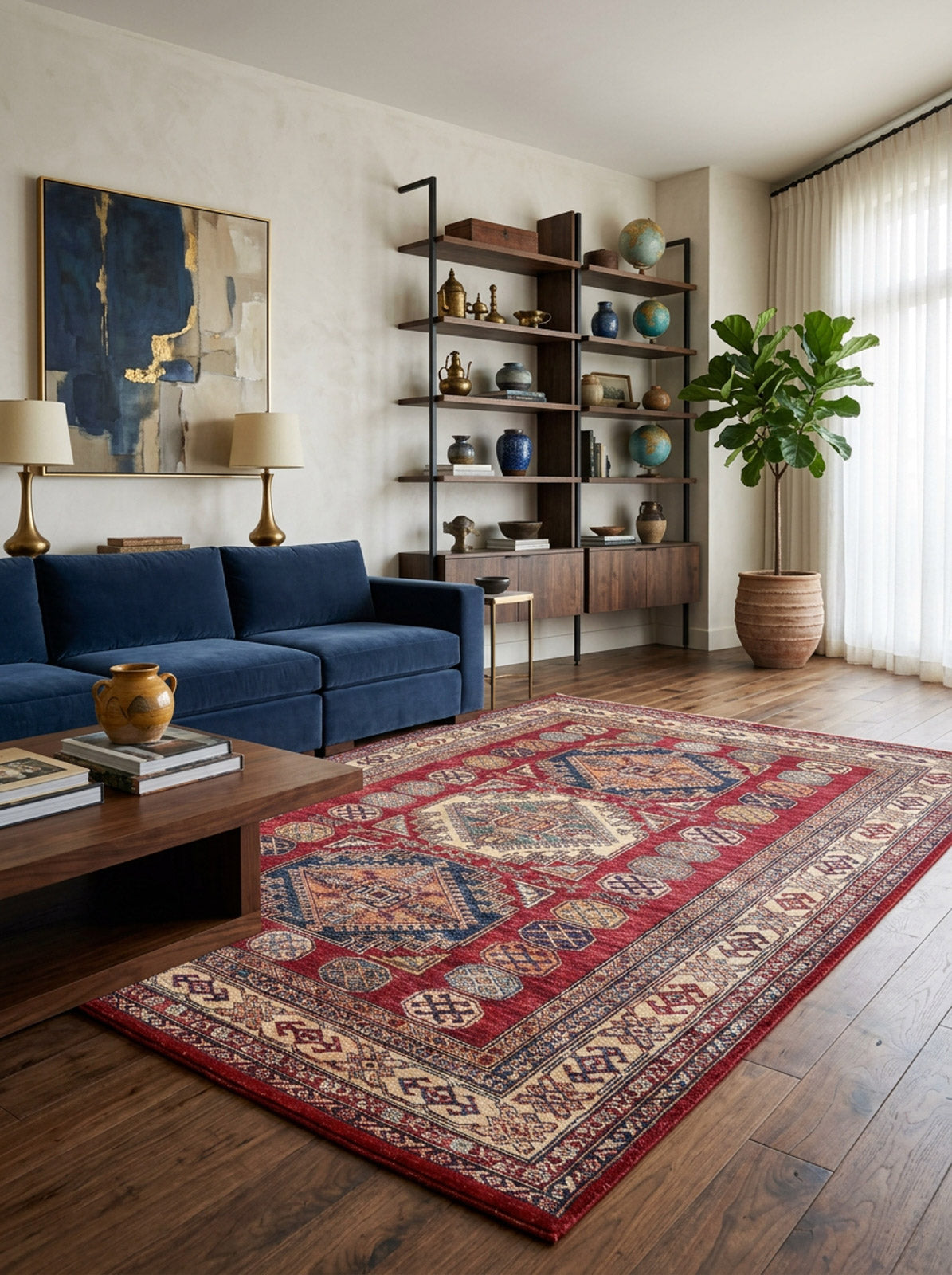 A stylish living room with a deep blue sofa, wooden coffee table, Time-Honored Textures Washable Rug - JR40 in red for high-traffic areas, modern shelving with decor, a potted plant, abstract wall art, and sheer curtains with natural light.