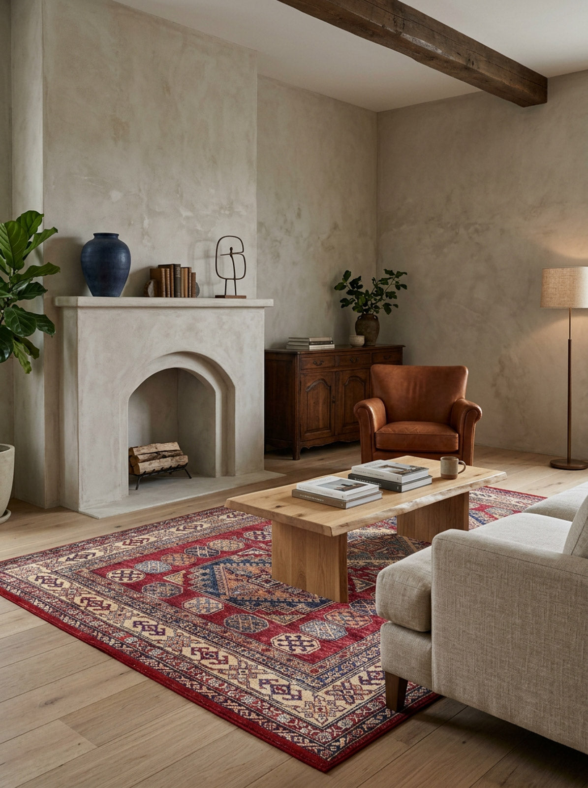 A cozy living room with a light beige sofa, leather chair, wooden coffee table, fireplace, houseplants, and the Time-Honored Textures Washable Rug - JR40—perfect for high-traffic areas. Books and decor accent the mantel and sideboard.