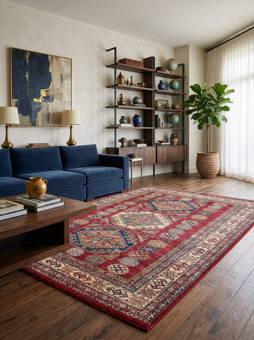 Load image 1 in gallery view. A stylish living room with a blue sofa, abstract wall art, shelves, potted plant, wooden coffee table, sheer curtains for natural light, and the Time-Honored Textures - Washable Rug - JR40 (Custom Size), ideal for high-traffic areas.