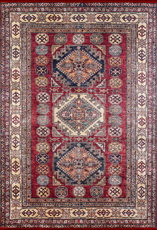 Load image 1 in gallery view. The Time-Honored Textures - Washable Rug - JR40 (Custom Size) is a rectangular red rug with ornate geometric patterns in navy, cream, and gold, featuring three large central diamonds and decorative borders—ideal for high-traffic areas.