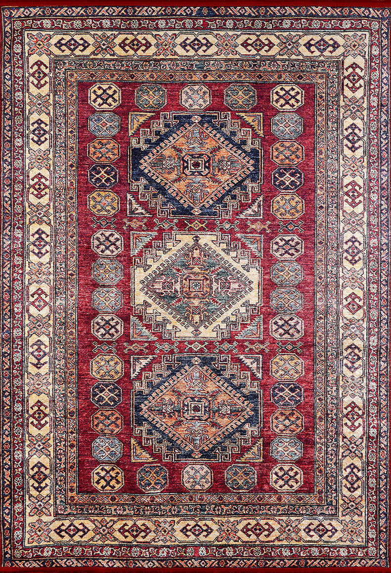 The Time-Honored Textures - Washable Rug - JR40 (Custom Size) is a rectangular red rug with ornate geometric patterns in navy, cream, and gold, featuring three large central diamonds and decorative borders—ideal for high-traffic areas.