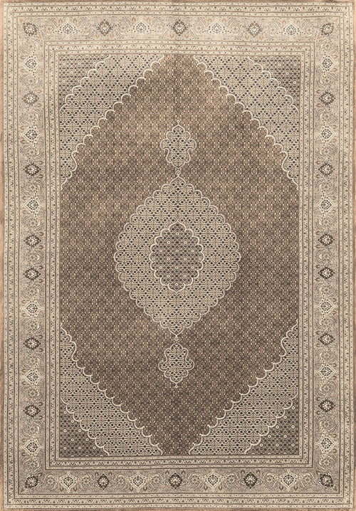 Load image 1 in gallery view. The Timeless Arabesque - Washable Rug (JRN1002) features an ornate Persian-inspired design with a large central medallion, smaller medallions above and below, and symmetrical borders in beige, brown, and cream shades.