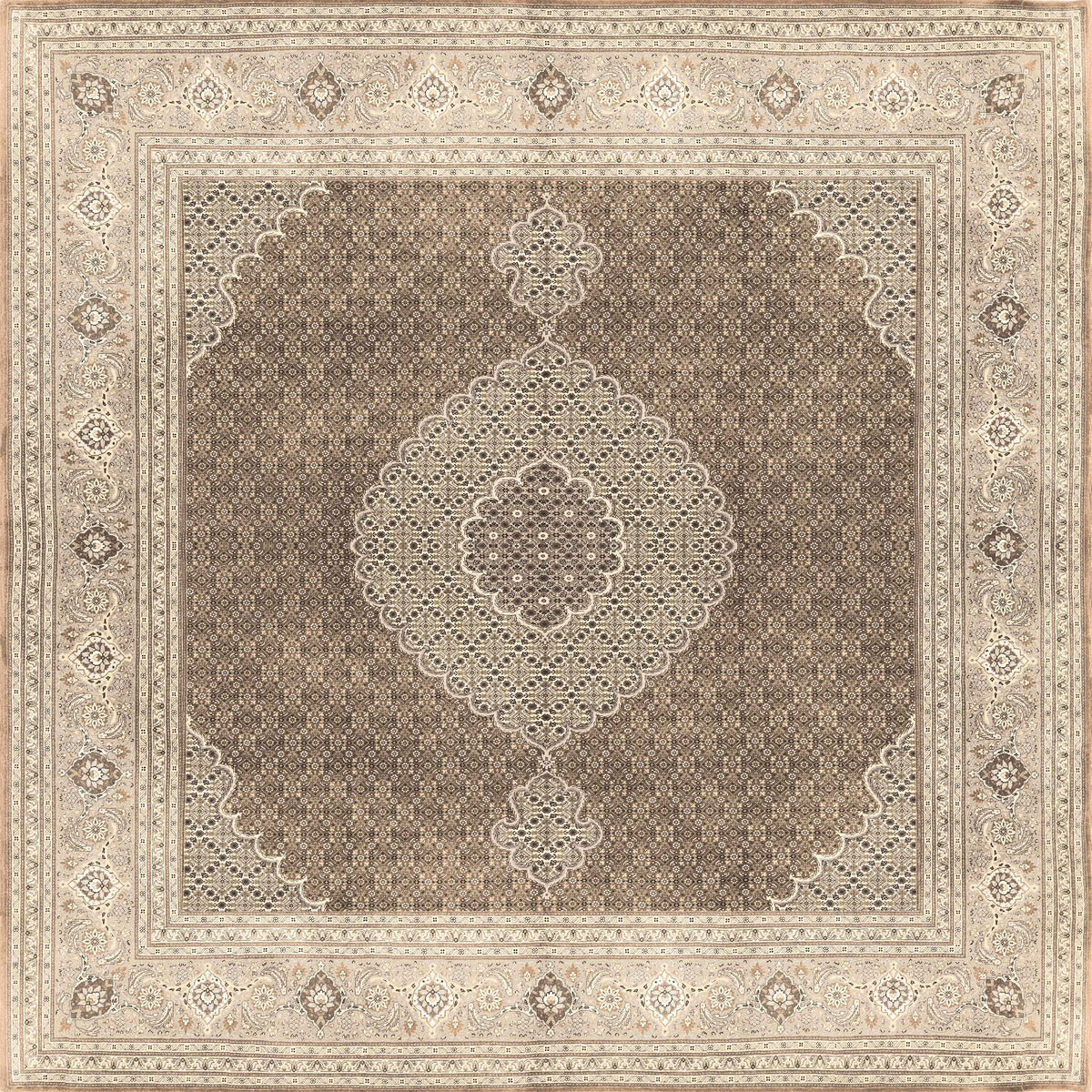 The Timeless Arabesque - Washable Rug (JRN1002) is a rectangular Persian-style flat weave in beige and brown, with a central medallion, ornate borders, and symmetrical floral and geometric motifs.