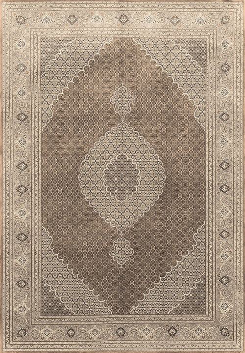 Load image 1 in gallery view. The Timeless Arabesque - Washable Rug - JRN1002 (Custom Size) is a rectangular flat weave in beige and brown, featuring an intricate central medallion, floral motifs, and ornate, symmetrical borders.