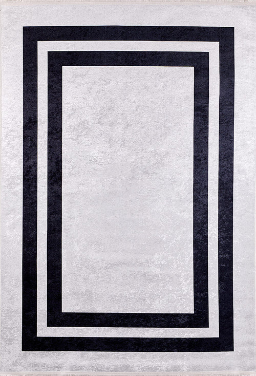 Load image 1 in gallery view. The Timeless Border - Washable Rug - JR572 (Custom Size) features a light gray background with two black rectangular borders, offering a modern geometric look in gray-anthracite tones—perfect for high-traffic areas.
