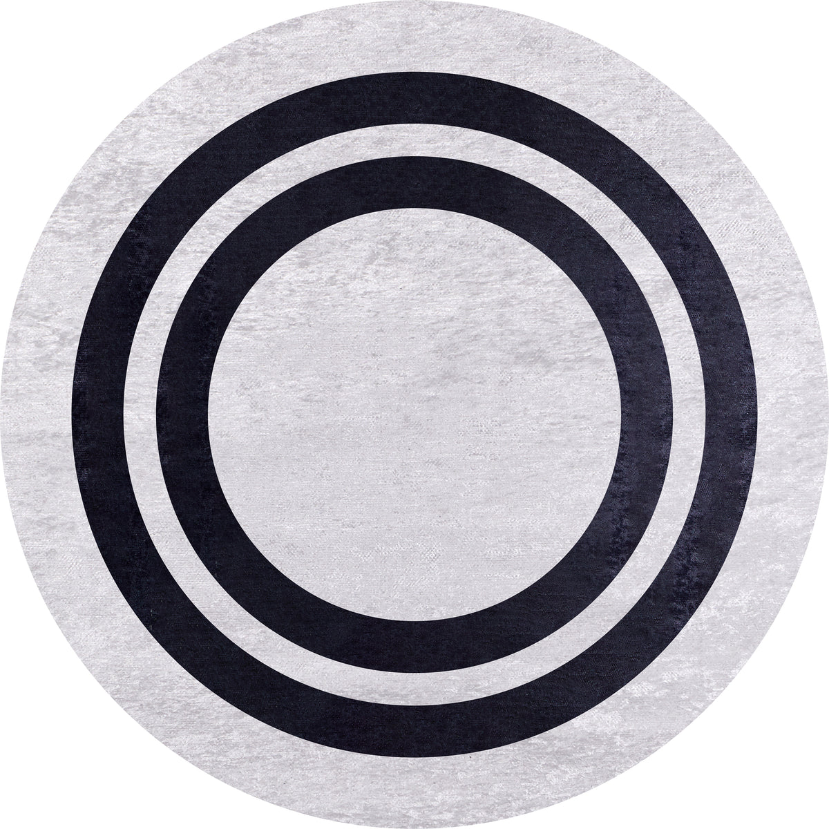 The Timeless Border - Washable Rug - JR572 (Custom Size) features a round, gray-anthracite design with a light gray background and three bold black concentric circles—perfect for high-traffic, modern spaces.