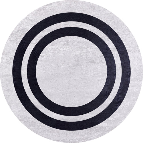 Load image 1 in gallery view. The Timeless Border - Washable Rug - JR572 (Custom Size) features a round, gray-anthracite design with a light gray background and three bold black concentric circles—perfect for high-traffic, modern spaces.