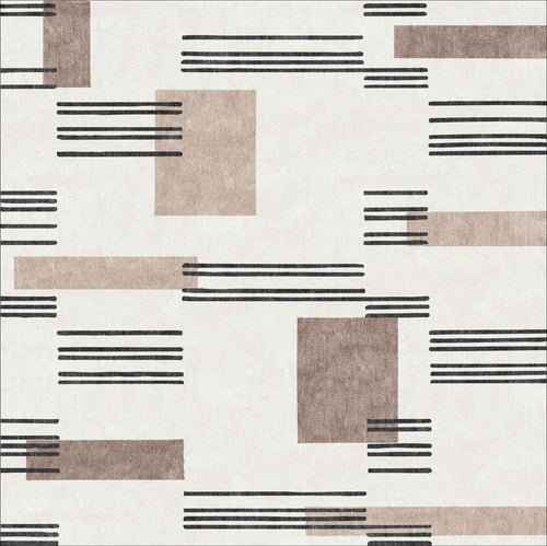 Bild 1 in Galerieansicht laden. The Timeless Scroll - Washable Rug - JRN45 features an abstract geometric pattern with beige, brown, and taupe rectangles and black lines on white—a stylish, washable choice for contemporary interiors and high-traffic areas.