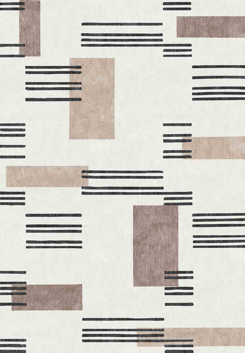 Load image 1 in gallery view. The Timeless Scroll - Washable Rug - JRN45 (Custom Size) features a beige and brown rectangle pattern with black lines on a cream background, making it ideal for modern interiors and perfect for high-traffic areas.