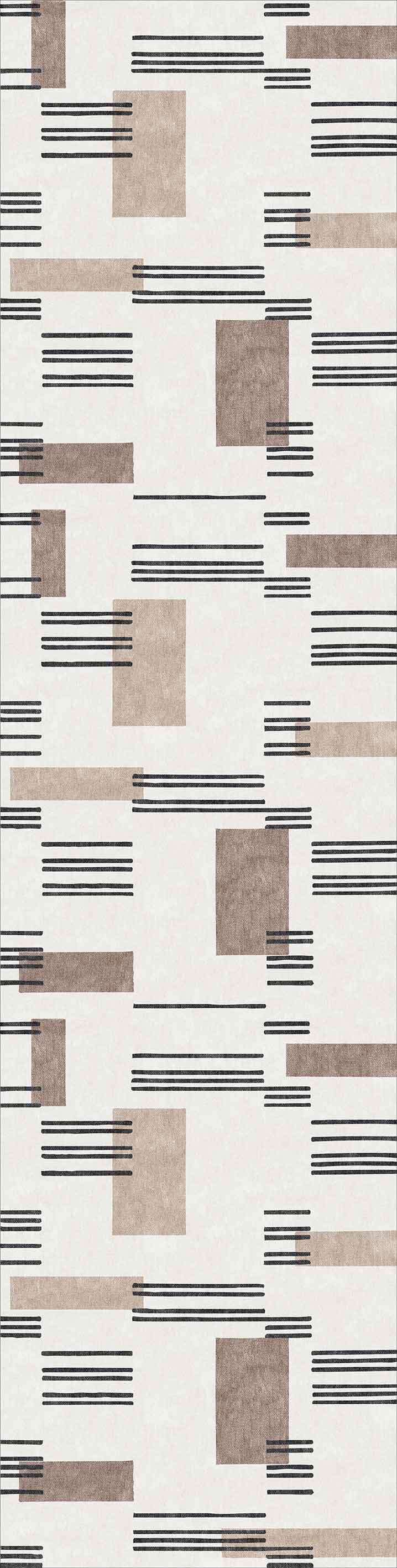 The Timeless Scroll - Washable Rug - JRN45 (Custom Size) features a modern geometric pattern with overlapping beige and brown rectangles and black parallel lines, making it ideal for high-traffic, contemporary spaces.
