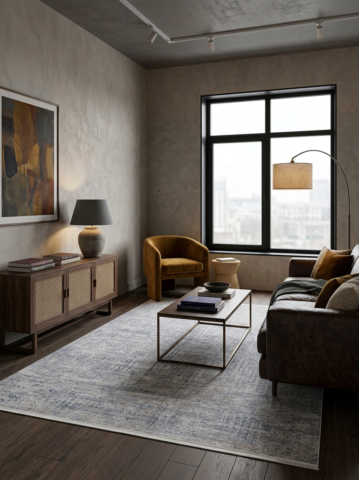 Blue and grey distressed traditional-pattern rug in a modern living room setting.