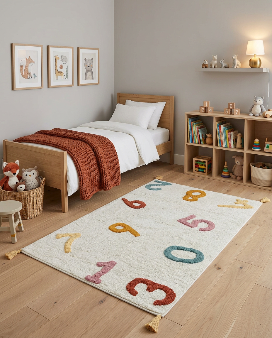 Off-white rug with multicolored tufted numbers and corner tassels, styled in a child's bedroom.