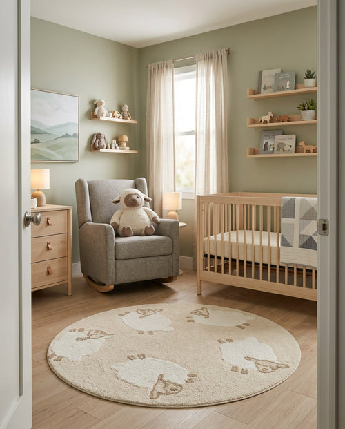 Load image 1 in gallery view. Round beige rug with a repeating white sheep pattern, styled in a nursery with a wooden crib and grey rocking chair.