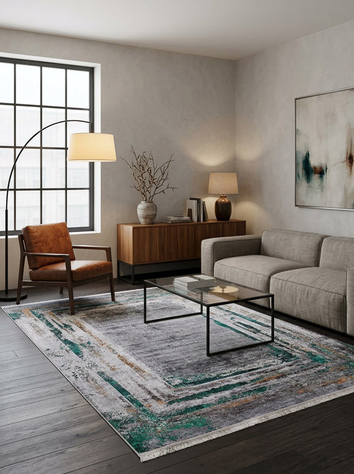 Load image 1 in gallery view. Modern living room with a gray sofa, leather armchair, glass-top coffee table, Traditional and Classic - Washable Rug - JR1543, wooden sideboard, floor lamp, abstract wall art, and large window—minimalist neutral decor perfect for high-traffic spaces.