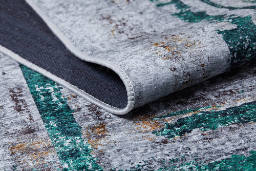 Load image 1 in gallery view. A close-up of the Traditional and Classic - Washable Rug - JR1543 (Custom Size) with a folded corner shows its textured gray, green, and brown surface and dark backing, highlighting the rug’s modern, durable design.