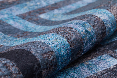Load image 1 in gallery view. Close-up of the "Traditional and Timeless - Washable Rug - JR1408 (Custom Size)" in blue and gray, featuring a textured, multicolored surface with geometric rectangle patterns—ideal for high-traffic areas.