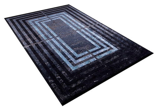 Load image 1 in gallery view. The Traditional and Timeless - Washable Rug - JR1408 (Custom Size) boasts a geometric concentric rectangle pattern in black and light blue, ideal for modern, high-traffic spaces and easy to maintain.