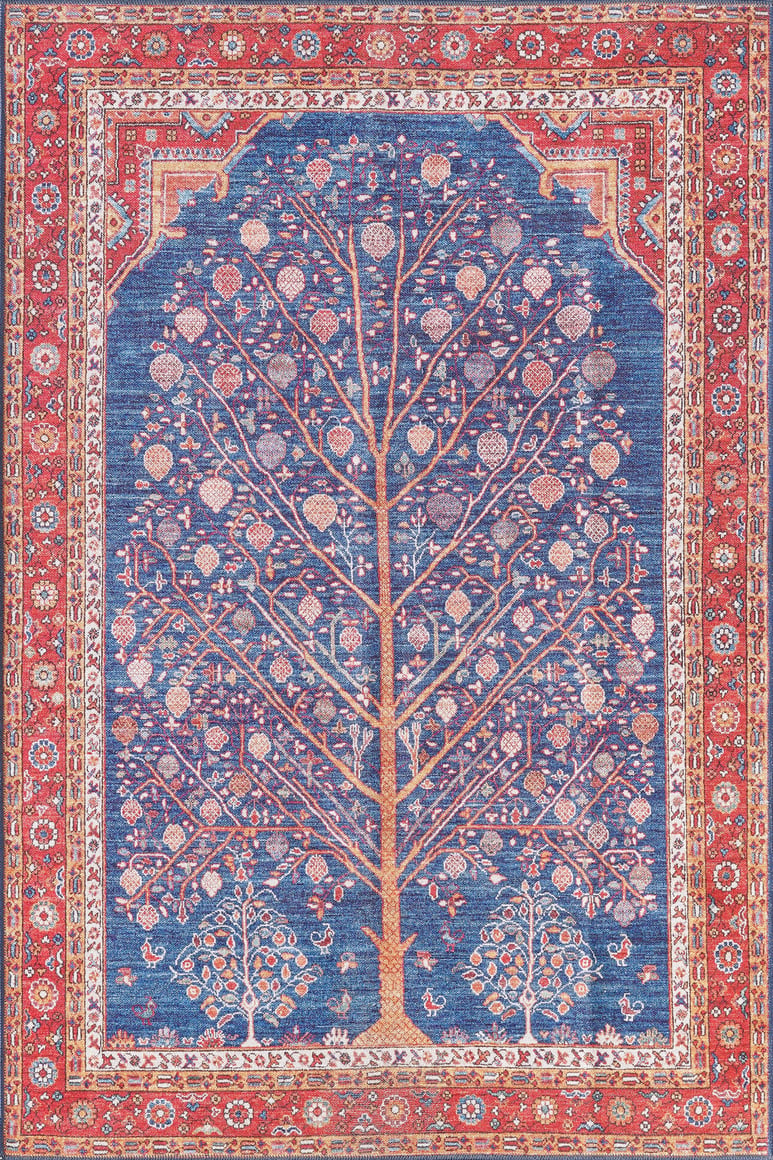 The Tree of Plenty Red Blue Washable Rug (LCC3031) features a large tree with spreading branches and flowers on a blue background, red and gold floral borders, and two small corner motifs—ideal for high-traffic areas.