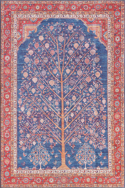Load image 1 in gallery view. The Tree of Plenty Red Blue Washable Rug (LCC3031) features a large tree with spreading branches and flowers on a blue background, red and gold floral borders, and two small corner motifs—ideal for high-traffic areas.
