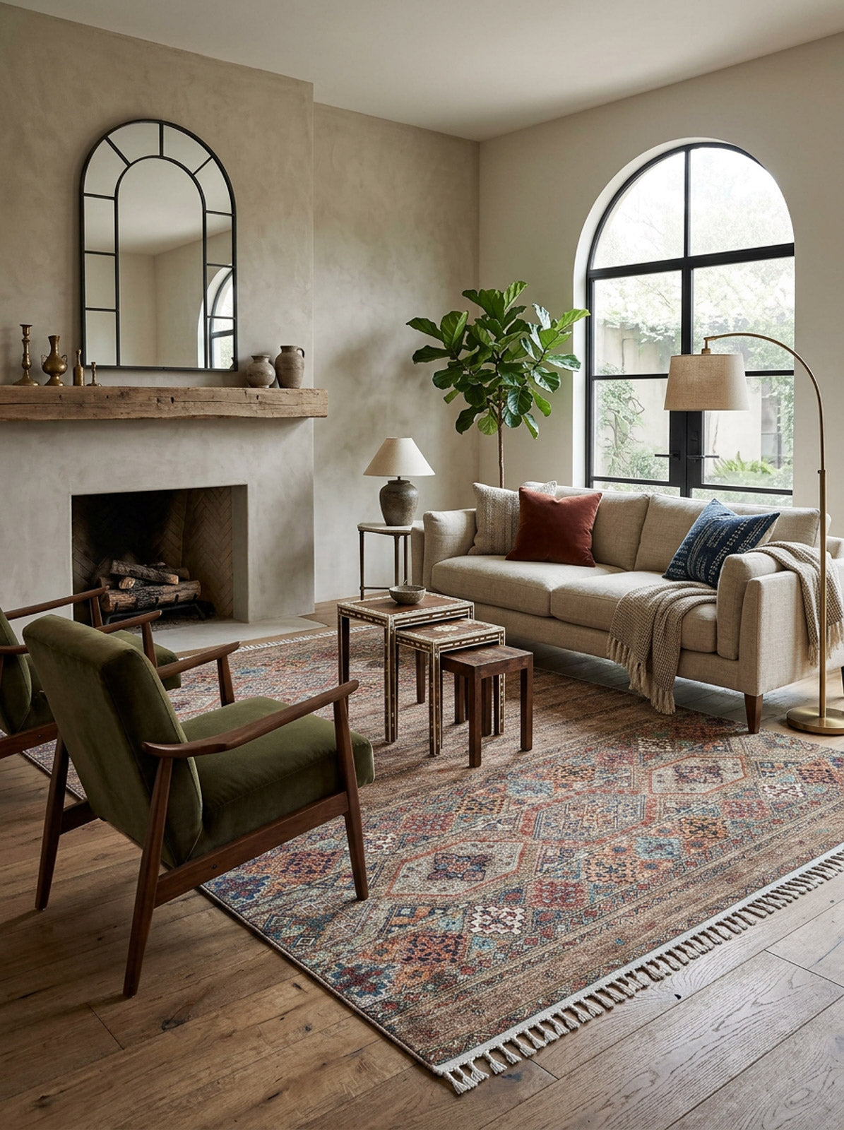A cozy living room features a beige sofa with cushions and throw, two green armchairs, the Tribal Tango - Washable Rug - JR5089 ideal for high-traffic areas, a floor lamp, fireplace with mirror above, nested tables, a potted plant, and an arched window.