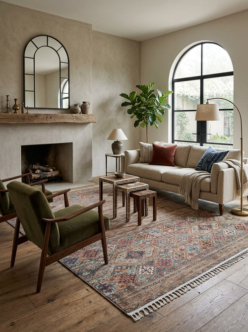 Load image 1 in gallery view. Multi-colored distressed rug with a geometric diamond pattern and fringe, styled in a neutral living room.