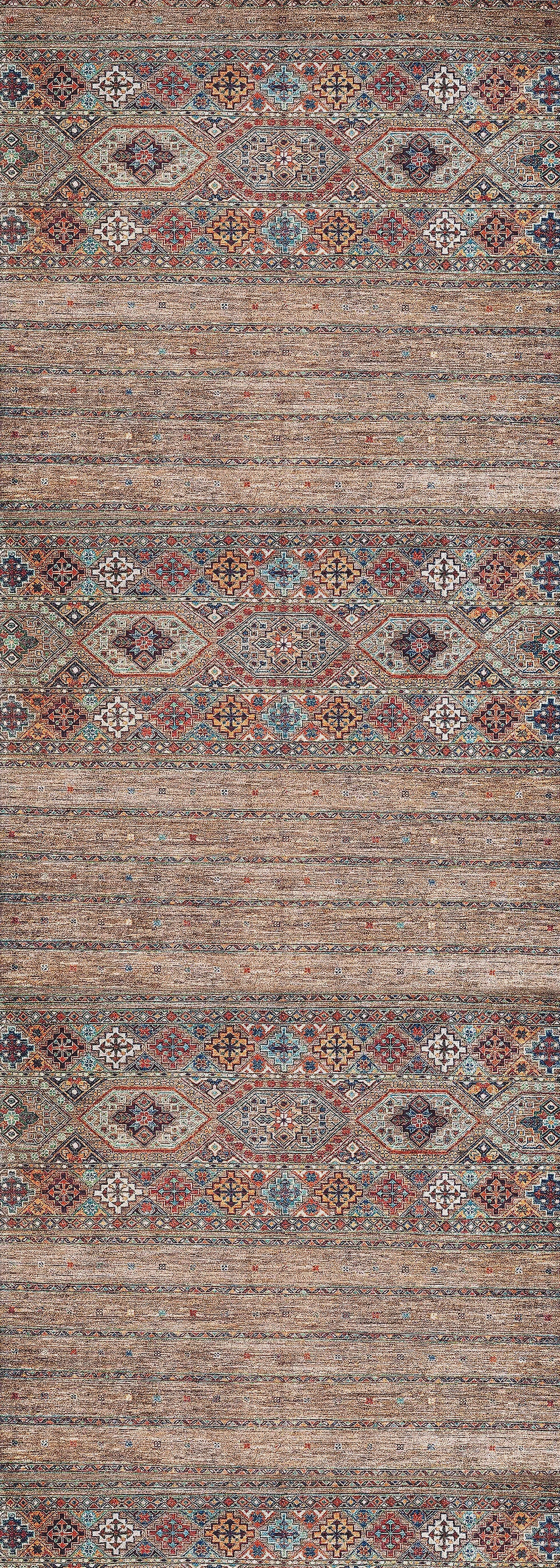 The Tribal Tango - Washable Rug - JR5089 features a rectangular, bronze and brown design with three geometric bands, a textured background, and rustic woven look—perfect for high-traffic areas and easy to clean.