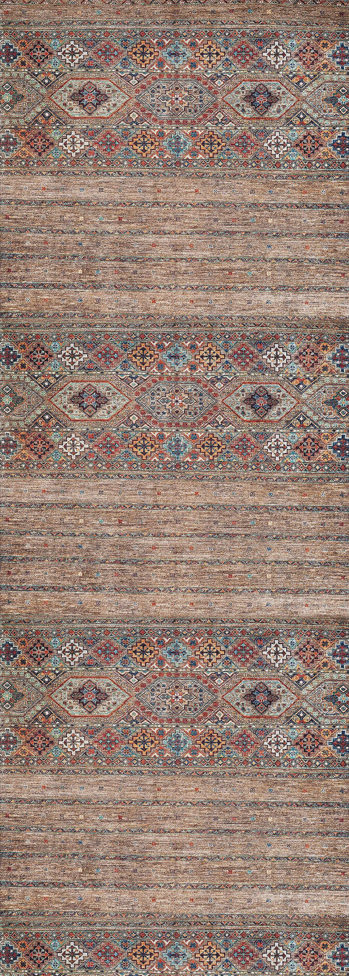 Load image 1 in gallery view. The Tribal Tango - Washable Rug - JR5089 features a rectangular, bronze and brown design with three geometric bands, a textured background, and rustic woven look—perfect for high-traffic areas and easy to clean.