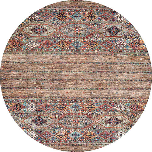 Load image 1 in gallery view. The Tribal Tango - Washable Rug - JR5089 features intricate geometric and floral patterns in earthy brown, red, blue, and cream. With central horizontal bands and detailed borders, it’s durable and ideal for high-traffic areas.