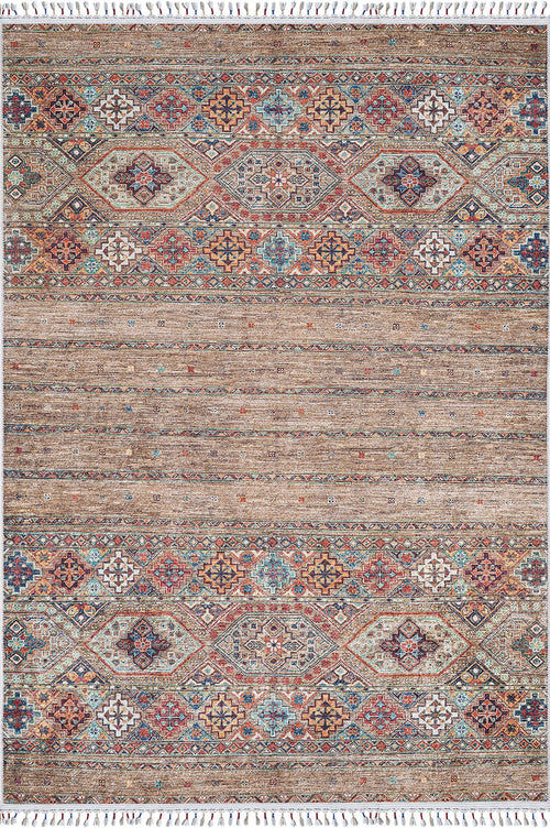 Load image 1 in gallery view. The Tribal Tango - Washable Rug - JR5089 (Custom Size) is a rectangular rug with geometric and floral patterns in red, blue, beige, bronze, and brown, two decorative borders, fringed edges—perfect for high-traffic areas.