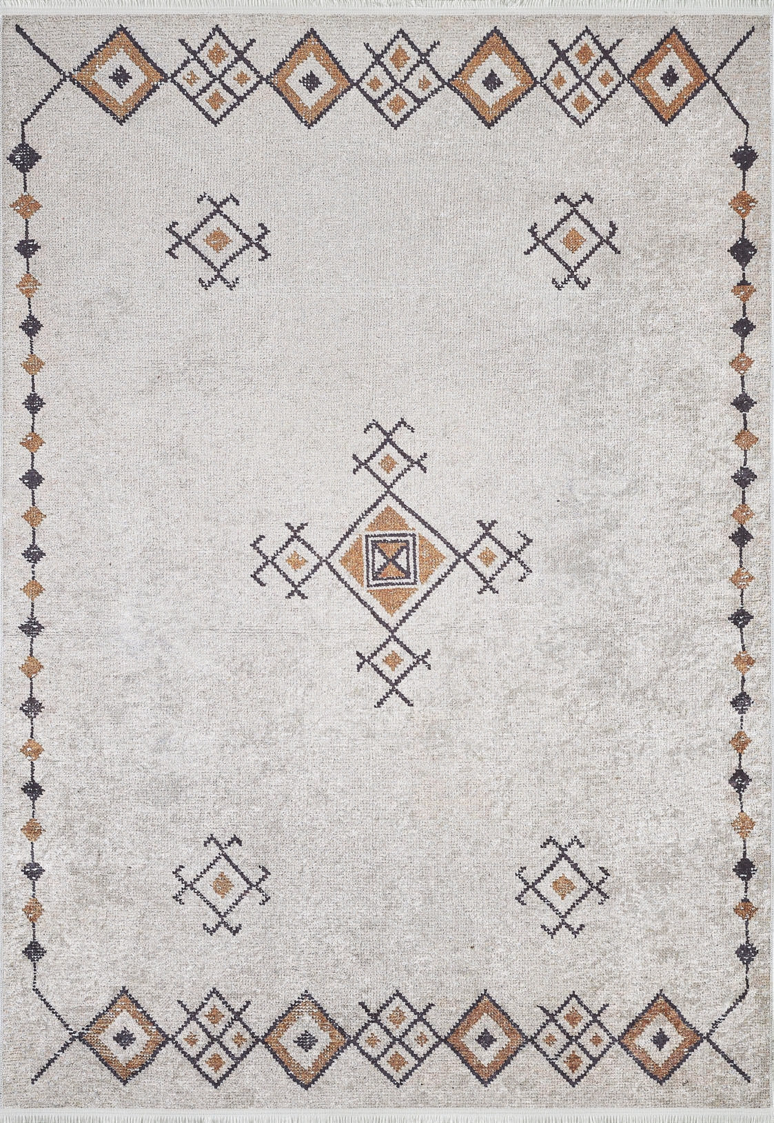 The Tribal Tassel - Washable Rug - JR1683 (Custom Size) features a cream and beige base with geometric diamond patterns in brown, beige, and black. Its symmetrical, minimalist design makes it perfect for allergy-sensitive homes.