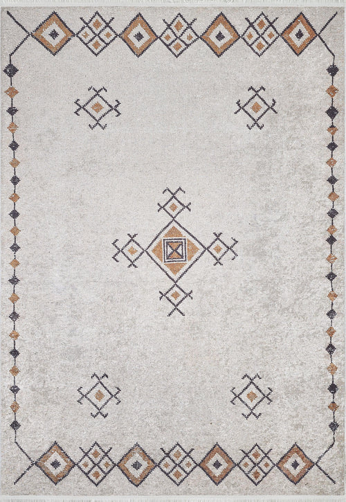 Load image 1 in gallery view. The Tribal Tassel - Washable Rug - JR1683 (Custom Size) features a cream and beige base with geometric diamond patterns in brown, beige, and black. Its symmetrical, minimalist design makes it perfect for allergy-sensitive homes.