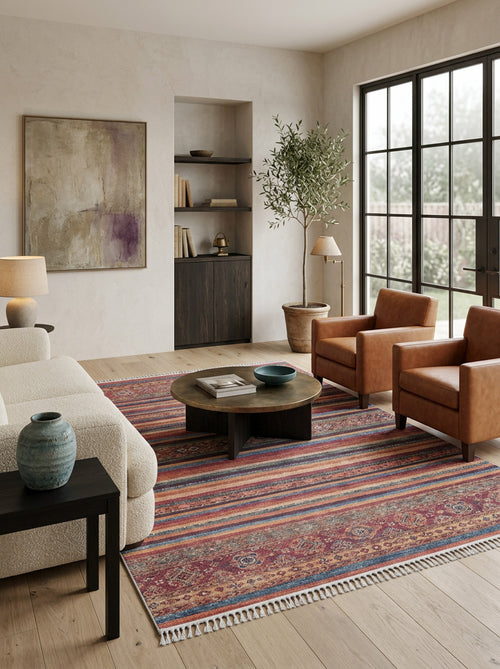 Load image 1 in gallery view. A modern living room with large windows, two brown armchairs, a light sofa, a round coffee table on the Tropic Thunder - Washable Rug - JR5077, built-in shelves, a potted plant, neutral walls, and a large abstract painting.