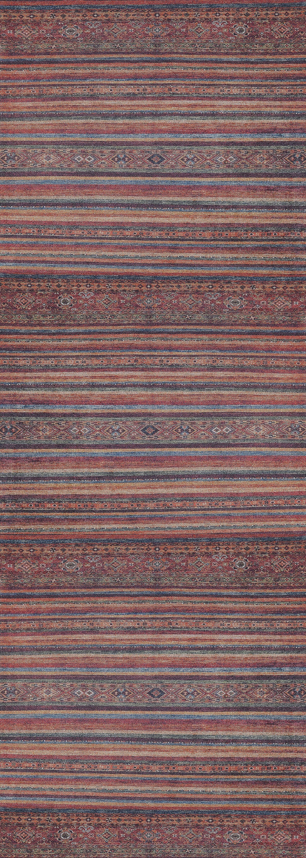 The Tropic Thunder - Washable Rug - JR5077 features multicolor horizontal stripes in earth tones with subtle patterns and a vintage, slightly worn look—perfect for adding style to high-traffic areas.