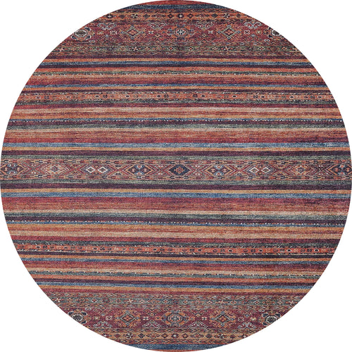 Load image 1 in gallery view. The Tropic Thunder - Washable Rug - JR5077 is an oval multicolor rug with earthy horizontal stripes and tribal patterns in red, orange, blue, brown, and beige—durable and ideal for high-traffic areas.