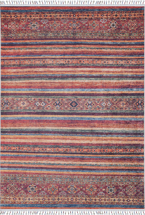 Load image 1 in gallery view. The Tropic Thunder - Washable Rug - JR5077 (Custom Size) features multicolor horizontal stripes in warm red, orange, and blue tones with geometric and diamond patterns, plus short white fringe. It's allergy-friendly and easy to clean.