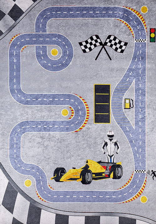 Load image 1 in gallery view. Illustration of winding race tracks, a yellow race car, and checkered flags on a gray background. The Turbo Tracks - Machine-Washable Rug JRC089 (Custom Size) features a flat weave that adds fun to any playroom or kid’s space.