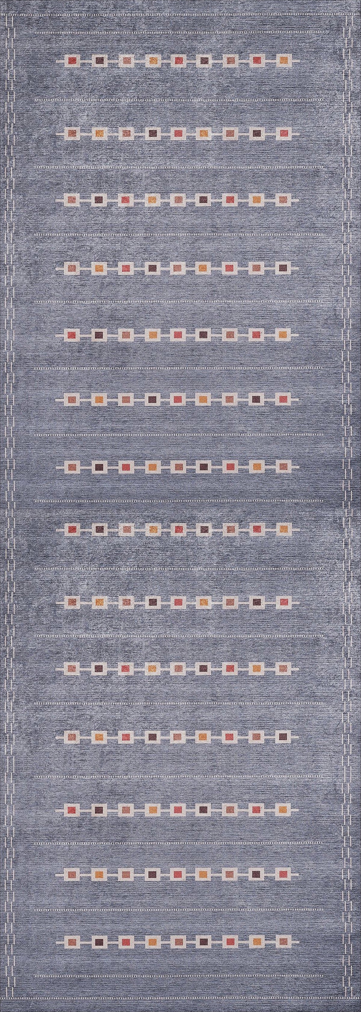 The Tuscan Villa - Washable Rug - JR5058 features a blue background with rows of colorful rectangles and white dashed lines on the border, creating a vibrant, practical design that's ideal for high-traffic areas.
