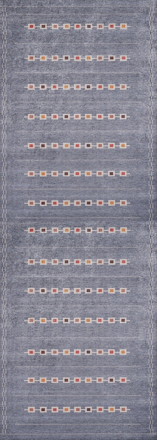 Load image 1 in gallery view. The Tuscan Villa - Washable Rug - JR5058 features a blue background with rows of colorful rectangles and white dashed lines on the border, creating a vibrant, practical design that's ideal for high-traffic areas.