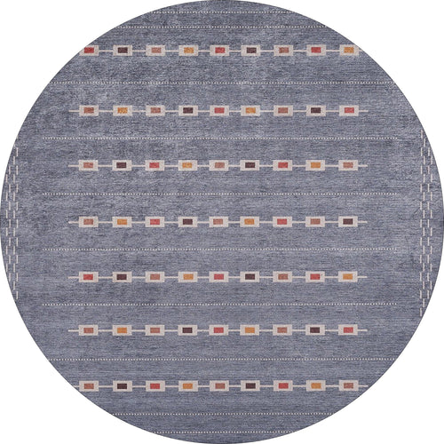 Load image 1 in gallery view. The Tuscan Villa - Washable Rug - JR5058 is a round gray-anthracite rug with rows of small, multicolored squares and rectangles—featuring red, yellow, brown, and beige accents—ideal for high-traffic areas.