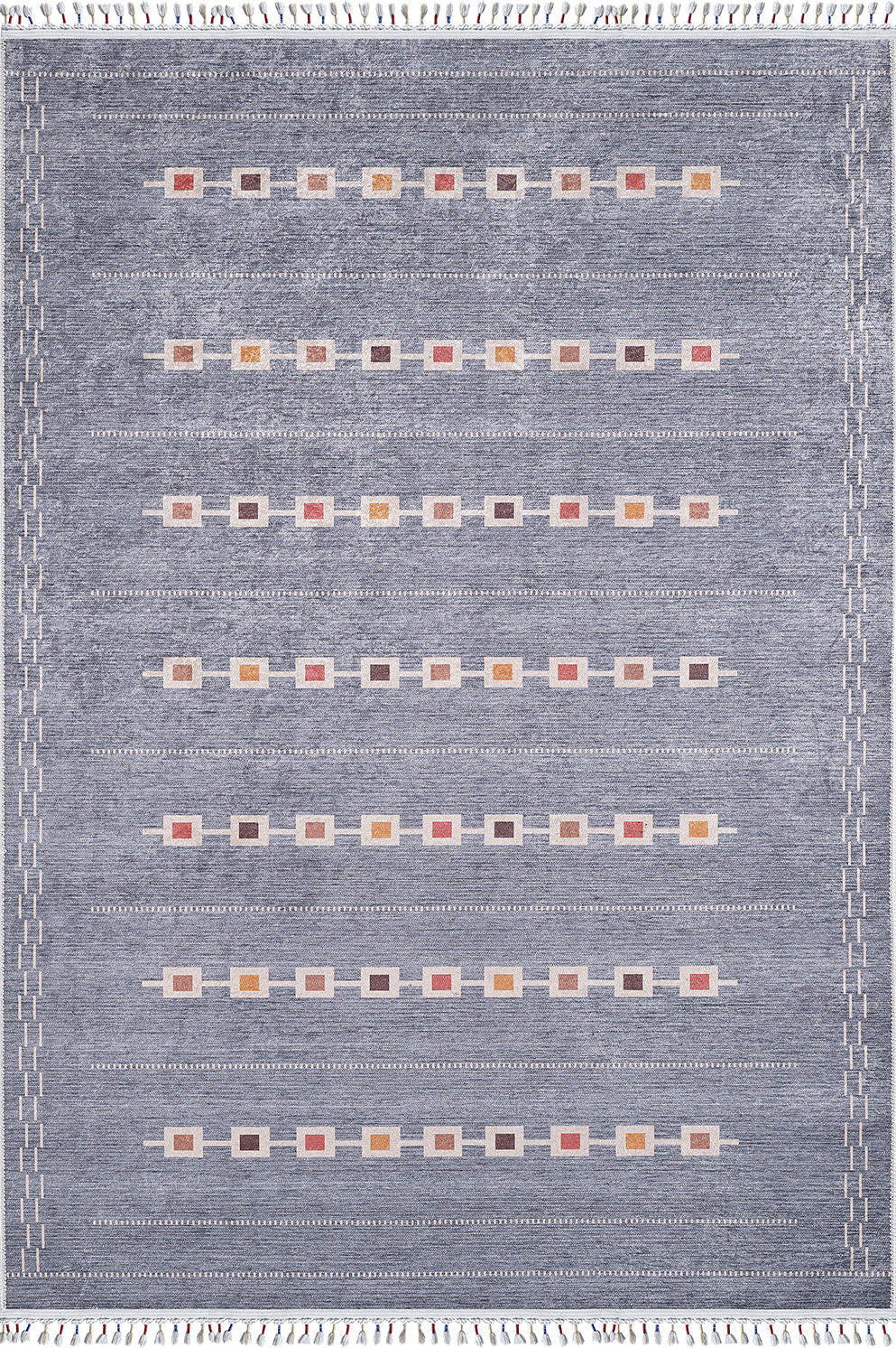 The Tuscan Villa - Washable Rug - JR5058 (Custom Size) is a rectangular gray-anthracite rug with a gray background and horizontal rows of red, yellow, brown, and beige squares. It features fringe on the short edges and stitched borders—great for high-traffic areas.
