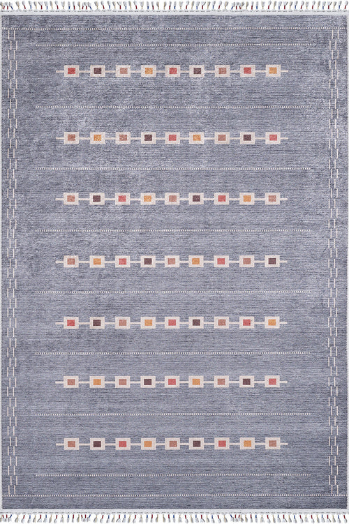 Load image 1 in gallery view. The Tuscan Villa - Washable Rug - JR5058 (Custom Size) is a rectangular gray-anthracite rug with a gray background and horizontal rows of red, yellow, brown, and beige squares. It features fringe on the short edges and stitched borders—great for high-traffic areas.
