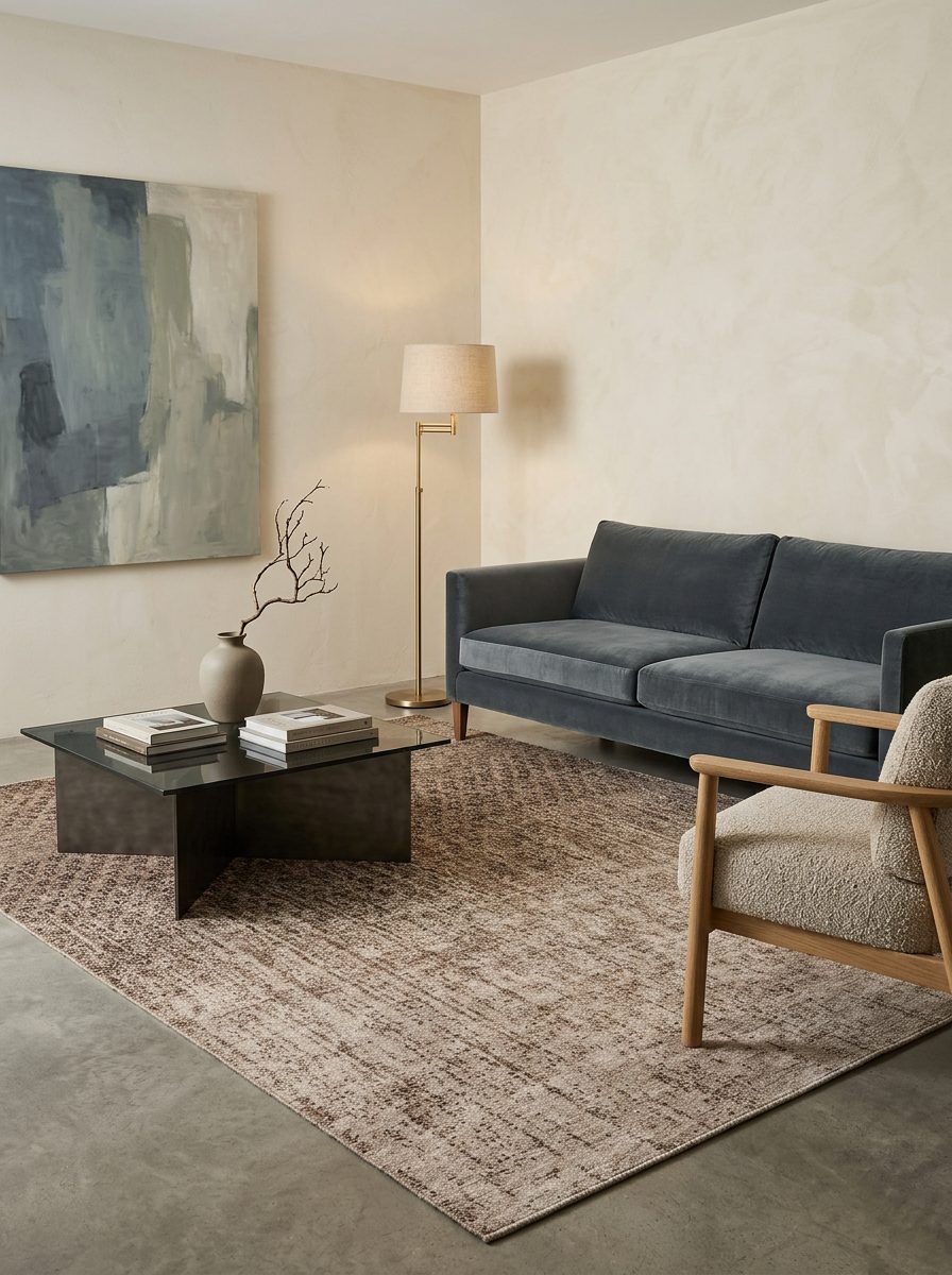 Brown and beige distressed-pattern rug in a modern living room with a dark blue sofa and glass coffee table.