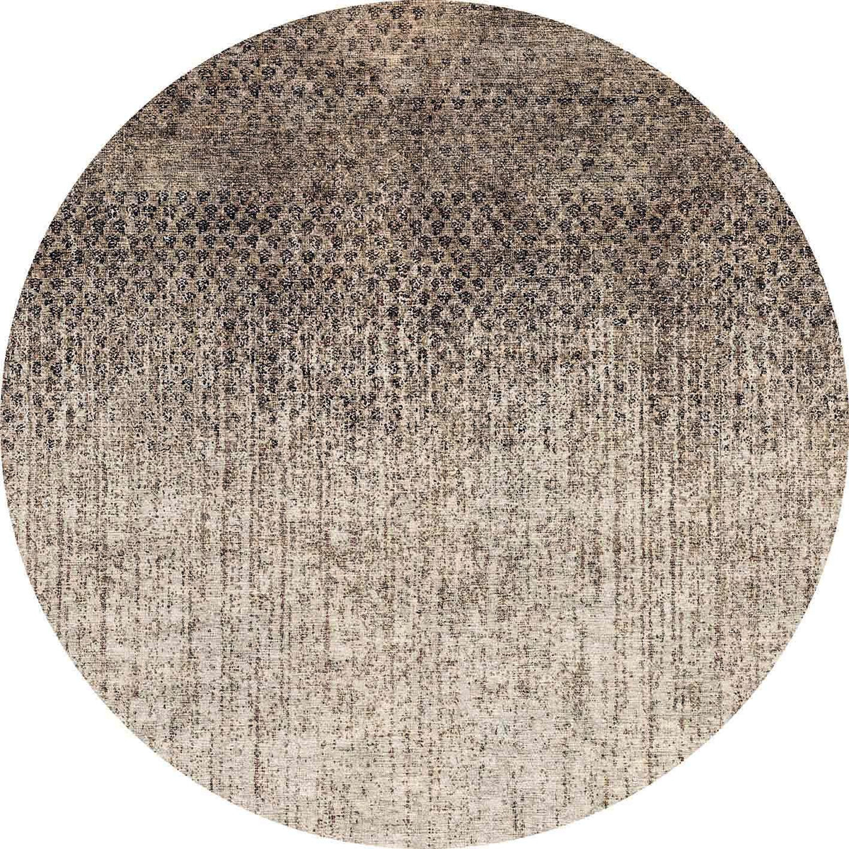 Round rug with a dark brown to beige ombre gradient and a distressed, textured abstract pattern.
