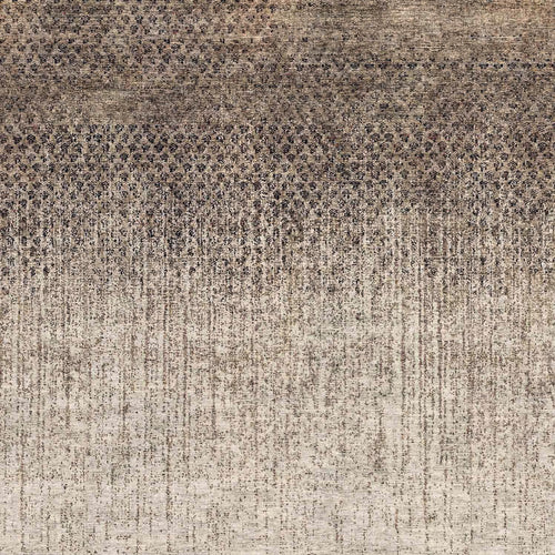 Load image 1 in gallery view. Brown and beige rug with a dark, dense geometric pattern at the top fading into a vertical, distressed texture.