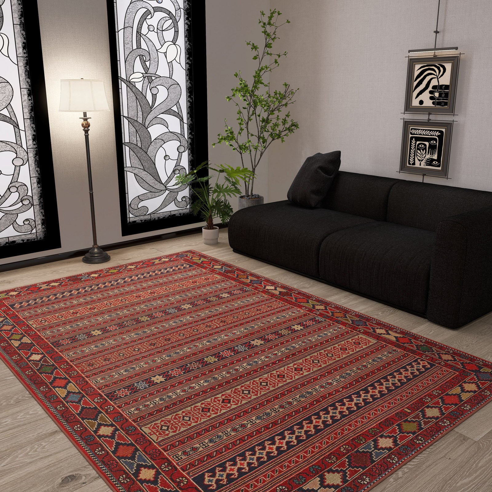 Red and blue traditional rug with geometric striped patterns, styled in a modern living room.