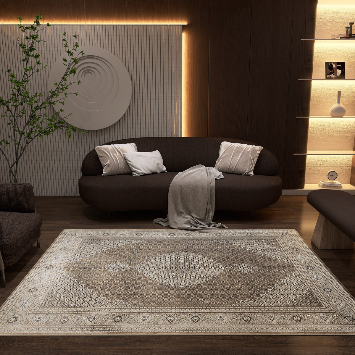 Brown and beige traditional medallion rug with an intricate border, styled in a modern living room.