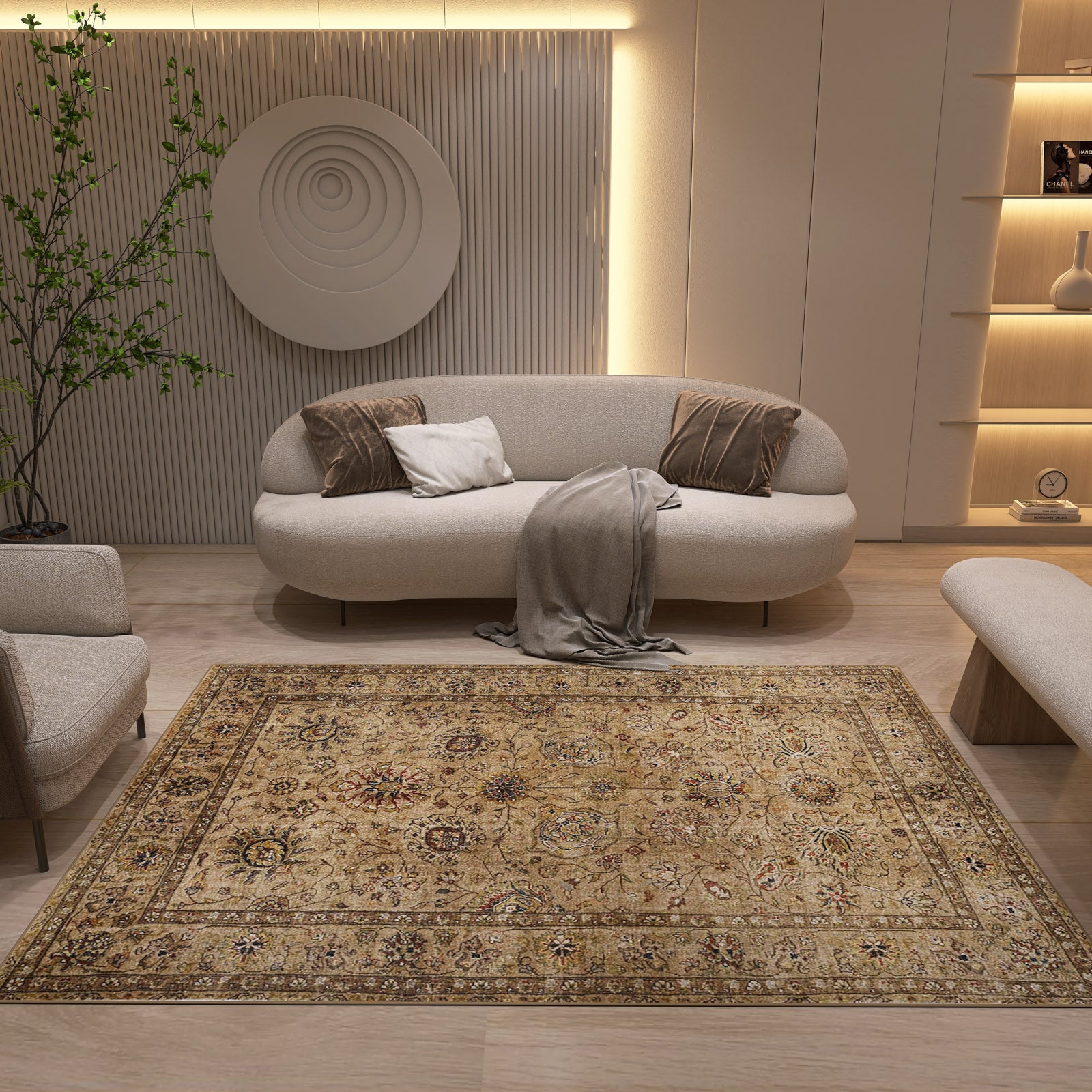 Beige and brown traditional rug with a floral medallion pattern, styled in a modern living room.