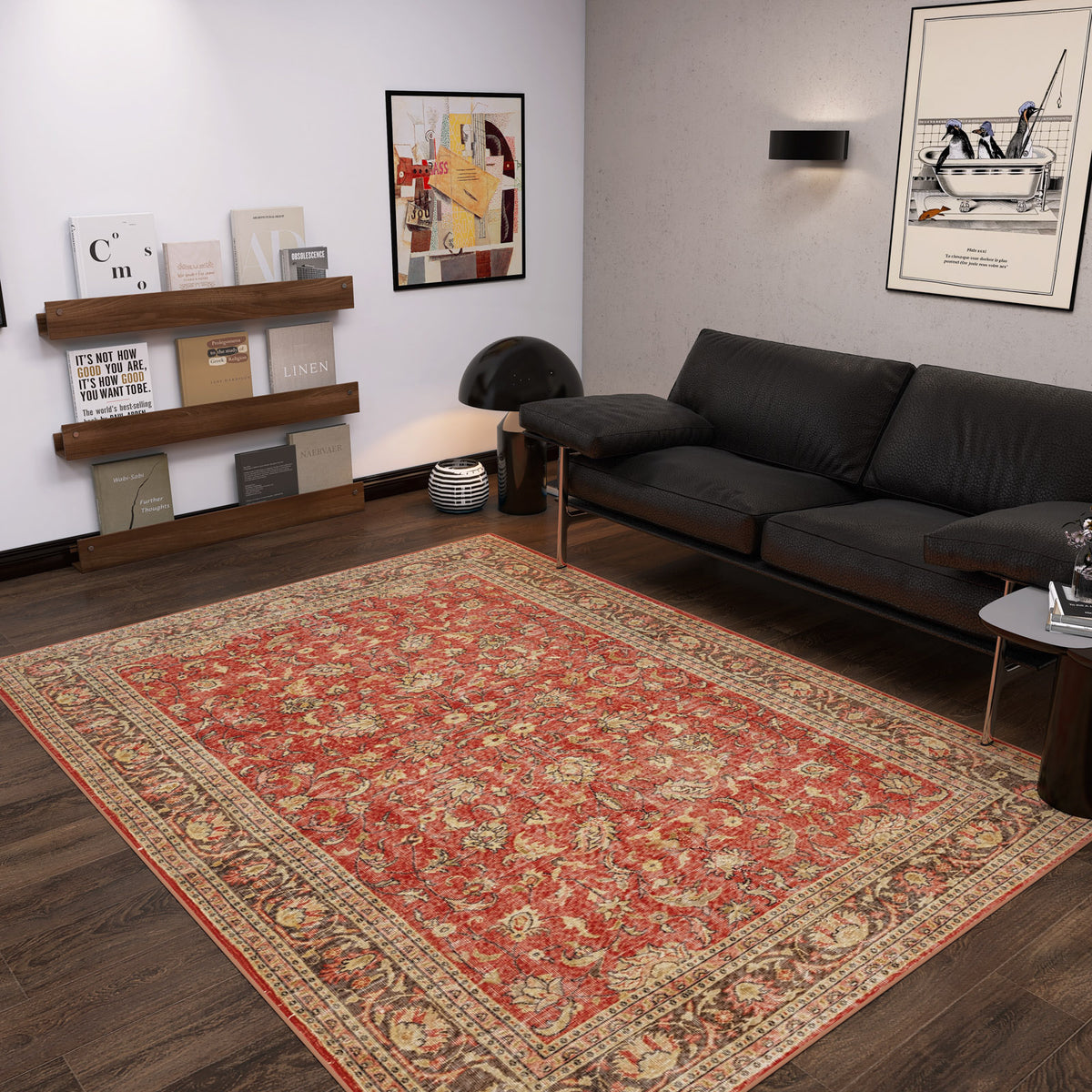 Red and beige traditional floral rug with a distressed border, styled in a modern living room.