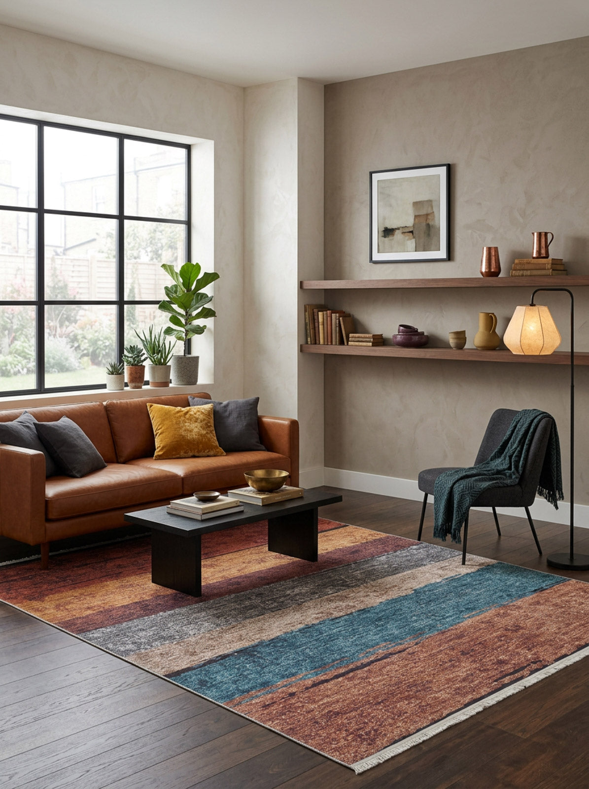 A modern living room with a brown leather sofa, the Urban Edge - Washable Rug - JR2005 for high-traffic areas, black coffee table, bookshelf, armchair, floor lamp, and a large window. Decor features books, plants, and pottery.